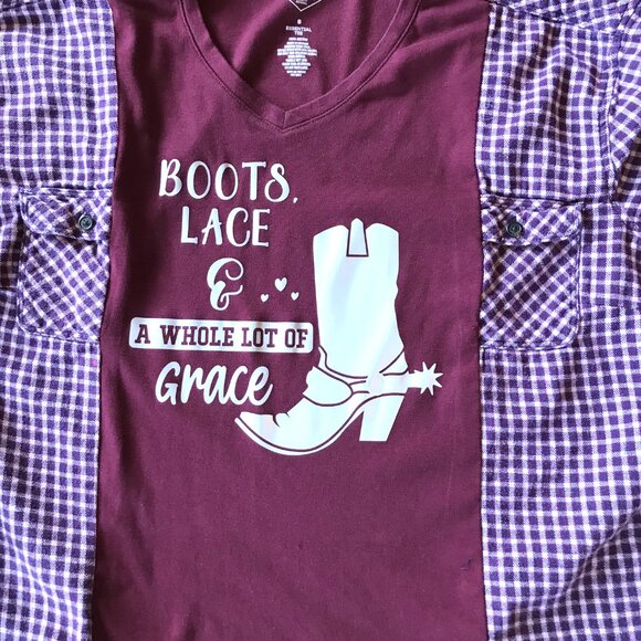 Upcycled Tee, Flannel Sleeves, Size M-L: Reworked Cowgirl Boot Graphic Shirt - Picture 4 of 10